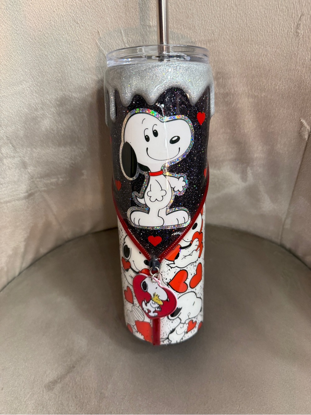 Snoopy Heart Glitter Tumbler - Black, White & Red